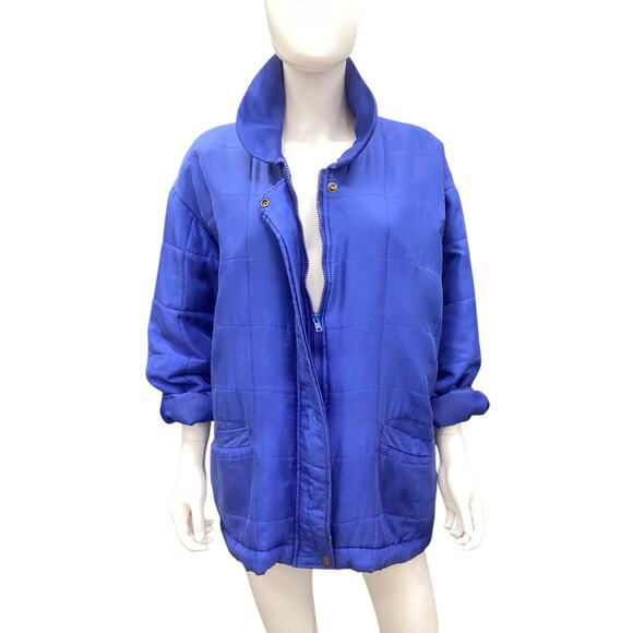 Vintage Bogari Women’s Silk Jacket Size M Cobalt Blue Zipper Pockets Buttons - Picture 1 of 5